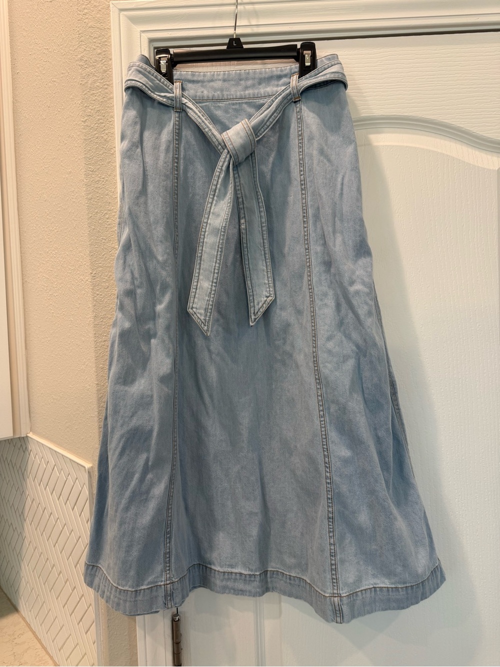 LOFT Light Blue Denim A-Line Midi Skirt with Tie Waist
